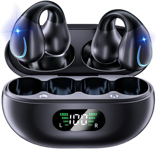 Auriculares de Conducción Ósea Bluetooth 5.3 de Oído Abierto con Clip y Estuche de Carga de Visualización Digital para Deportistas