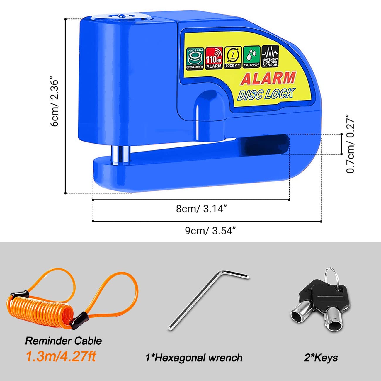 Cerradura de alarma de la motocicleta Alarma de disco de freno de la motocicleta Alarma de seguridad antirrobo a prueba de agua 110 decibelios de sonido de alarma con 4,3 pies de cable de alarma Adecuado para scooters Motocicletas azul