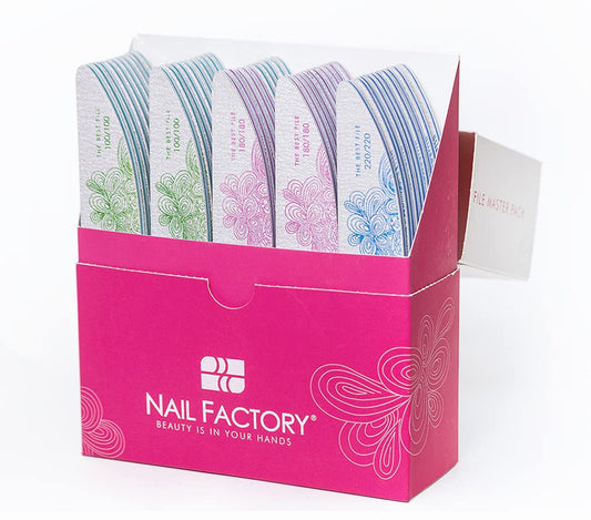 NAIL FACTORY - Pack de Limas Para Manicure Master File Pack, 50 Limas de doble cara. 25 limas grano 100/100, 15 limas grano 150/150 10 limas grano 220/220