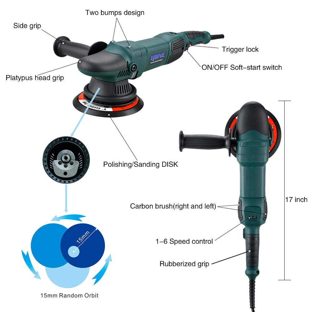 HONE HNPR615B - Pulidora orbital de 15 mm de largo, para detallar automóviles, pulidora de doble acción de 152 y 127 cm, 850 W, con velocidad variable, HNPR615B