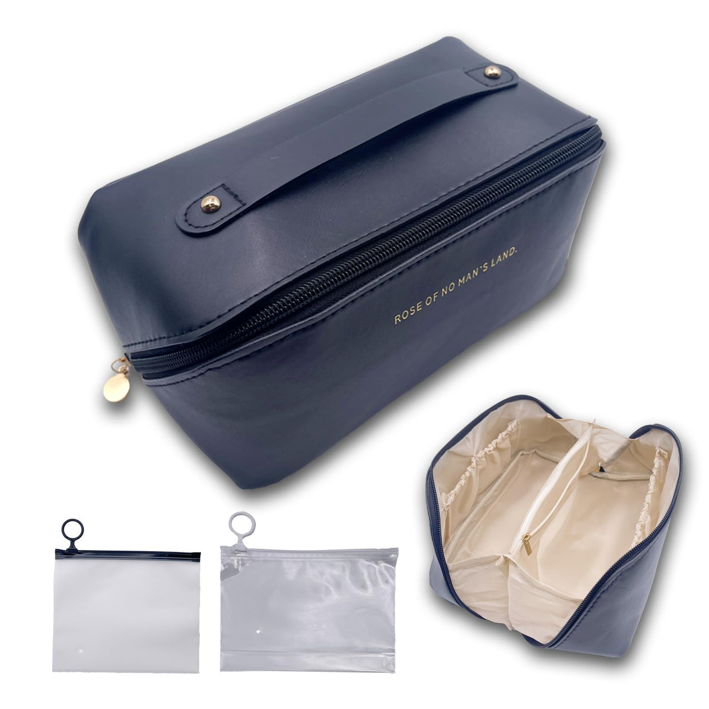 Meruya Bolsa de maquillaje de viaje, organizador de cosméticos de múltiples bolsillos con apertura amplia y divisor, bolsa de aseo de piel sintética con 2 mini bolsas de almacenamiento, Negro