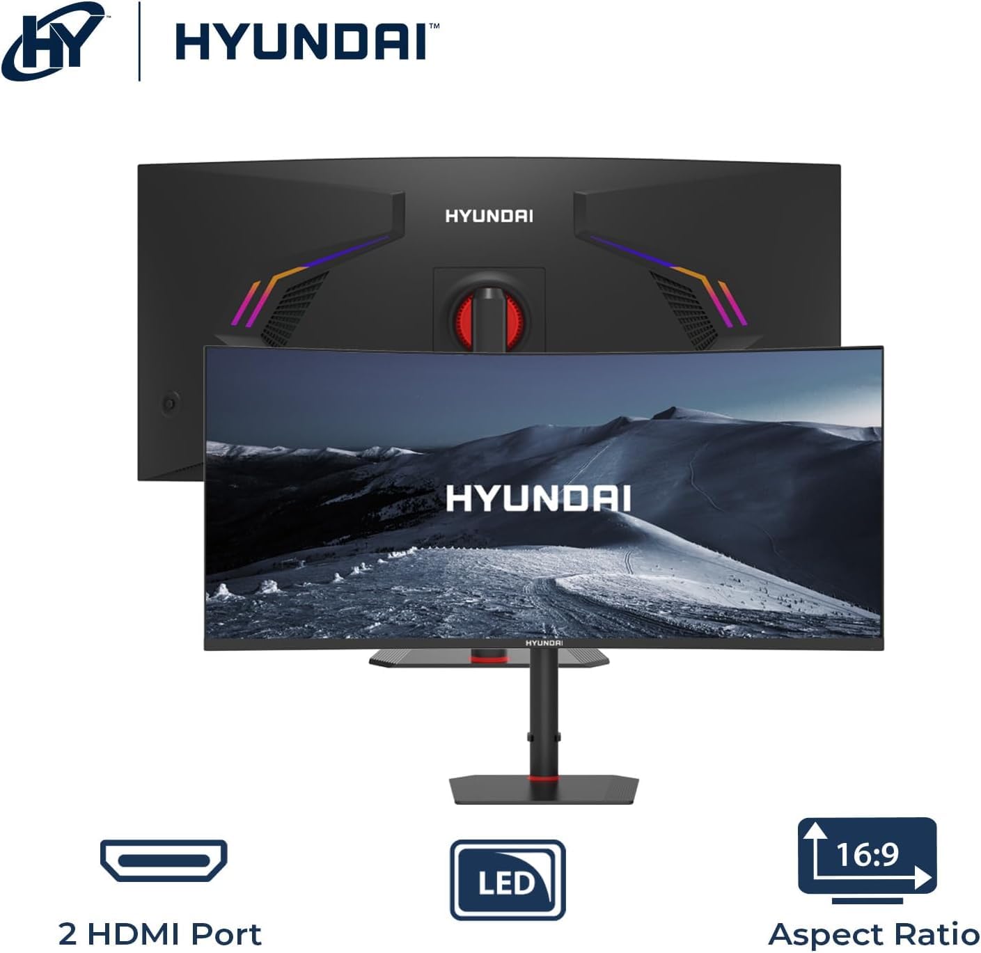 HYUNDAI View 34” Gaming Monitor Curvo R1000, 3440x1440p, 180Hz, 1ms (MPRT), GTG 4ms, OD 4ms, HDMI x2, DP x2, HDMI Incluido - Negro