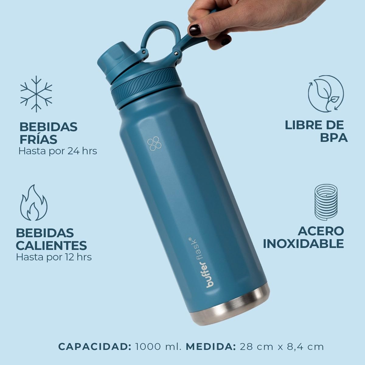 BUFFER FLASK - Termo de Acero Inoxidable | Botella de Agua Aislante, Termos Agua Fría (24 horas) o Caliente (12 horas) | Antigoteo, Hermético | Incluye tapas | 1000 ml - 32 Oz| Color Blue Verdi