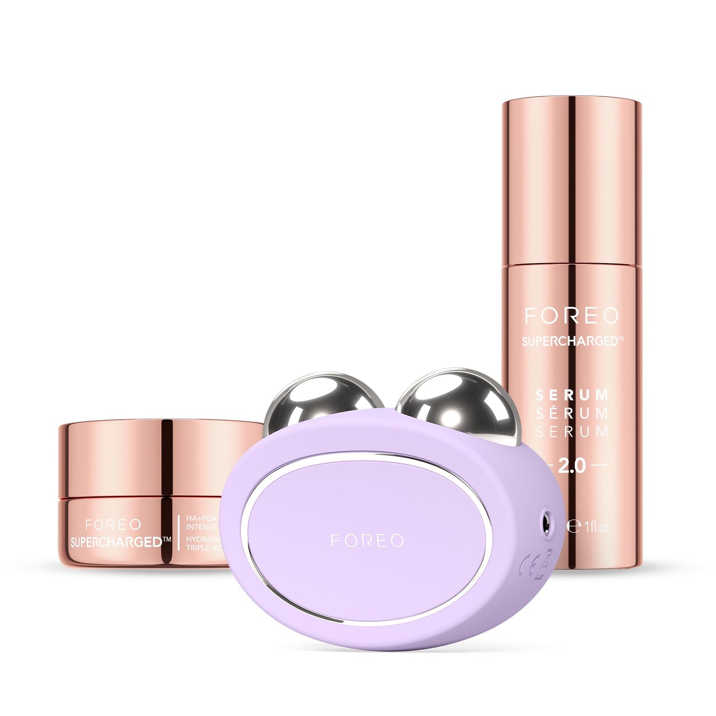 FOREO Set Glow & Tone – BEAR 2 dispositivo facial con microcorriente + SÉRUM 2.0 30 ml + Crema hidratante triple acción HA+PGA 50 ml – Lavender