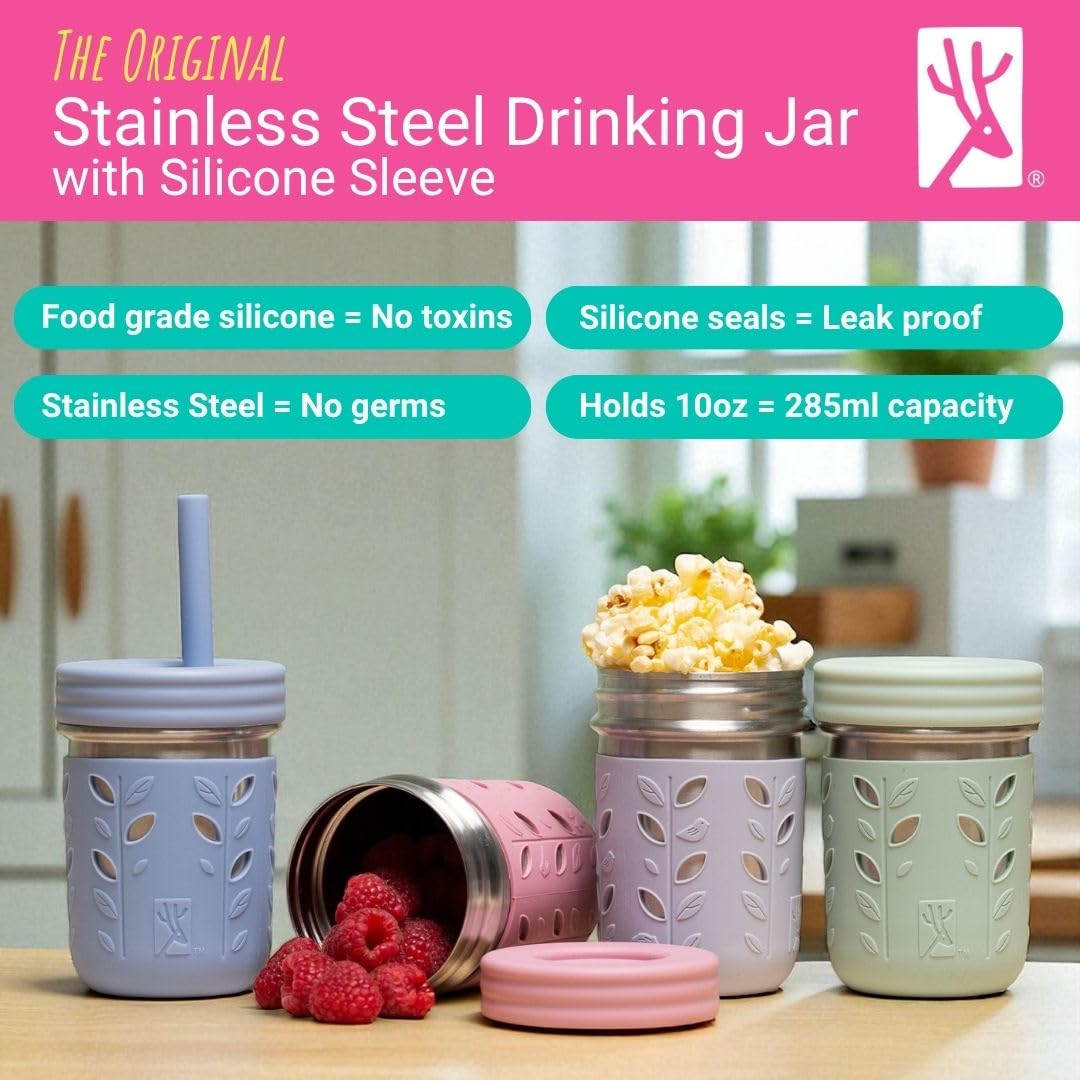 Elk and Friends - Vasos de Acero Inoxidable de 10 Onzas para Niños y Niños Pequeños, El Tarro Original de Mason con Mangas + Tapas, Pajitas de Silicona, Batidos, Tarro de Almacenamiento, Resistente a