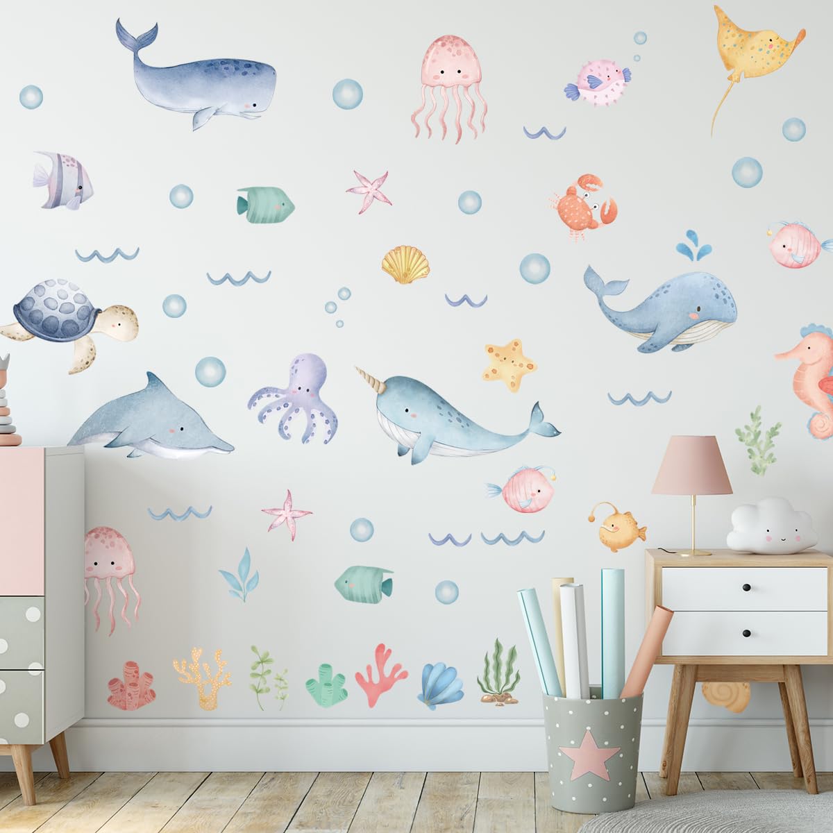 Calcomanías de pared de animales oceánicos, calcomanías de pared de ballenas bajo el mar, calcomanías de pared bajo el mar, calcomanías de pared de peces bajo el mar extraíbles de despegar y pegar