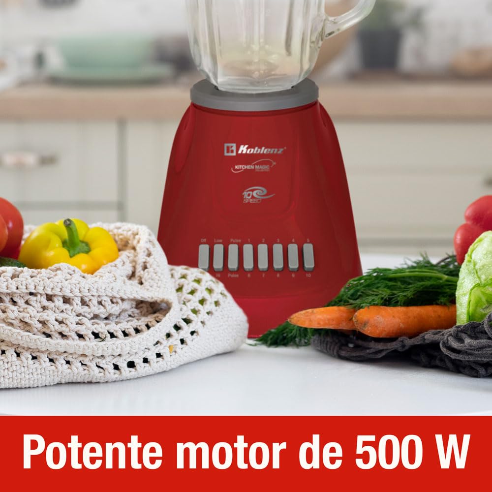 Licuadora Koblenz Gourmet con Vaso de Vidrio de 1.5 L, 10 Velocidades y Función de Pulso de 2 Niveles, 4 Cuchillas de Ultra-duración, Tritura Hielo, Malteadas, Purés, 500 W, Color Rojo (LKM-5970 VR)