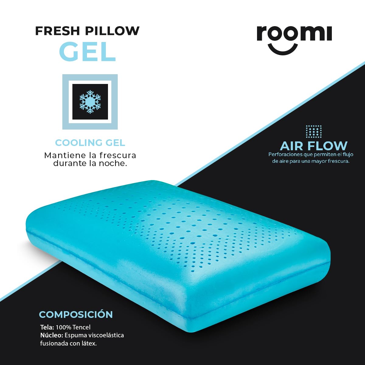 Almohada Memory Foam ROOMI Gel Infusión Ultra Fresca Confort Medio Hipoalergénica 60 x 40 cm