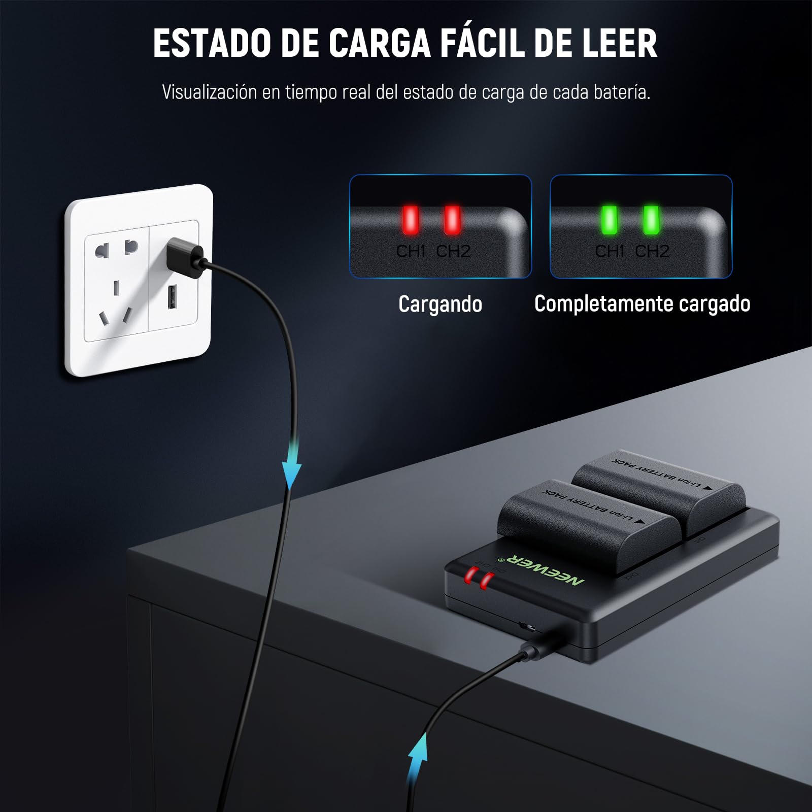Paquete de 2 Baterías de Repuesto NEEWER LP-E6P/LP-E6NH/LP-E6N/LP-E6 Compatible con Canon EOS R5 R6 R7 5D II III IV 6D II y Cargador Dual USB