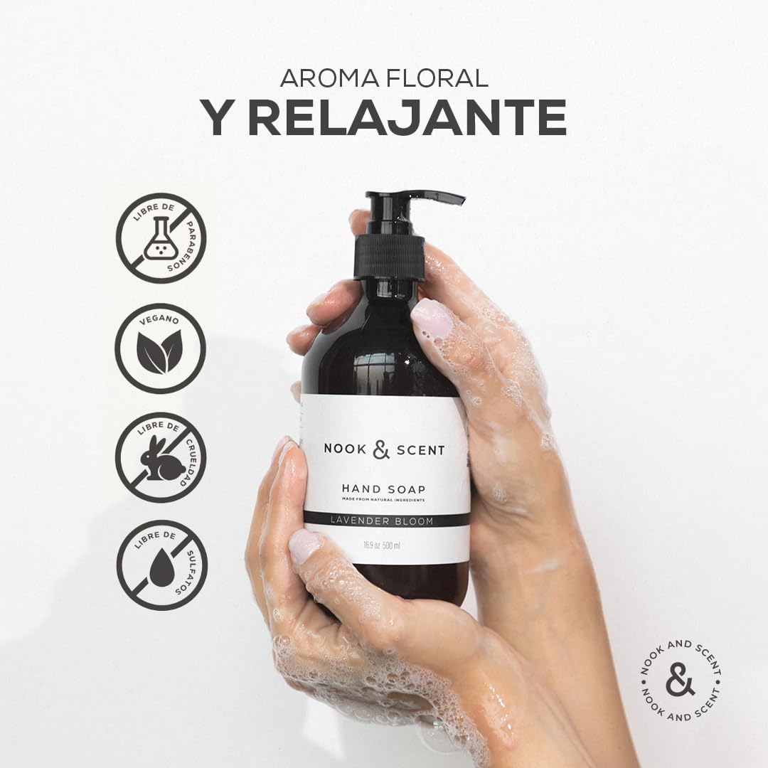 Jabón Líquido para Manos | 500 ml | Limpieza y Frescura | Libre de Sulfatos y Parabenos, Vegano, Aceites Esenciales, Aroma Energizante de Limón y Naranja | Nook & Scent (Lavanda)