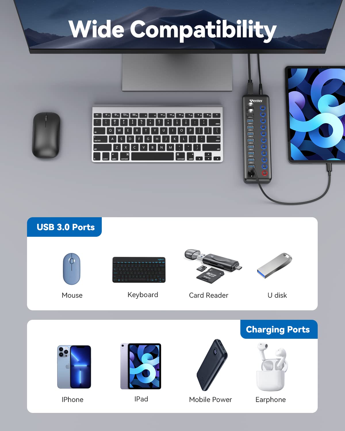 Concentrador USB Wenter Alimentación LED 11 Puertos Transferencia Rápida y Carga Inteligente