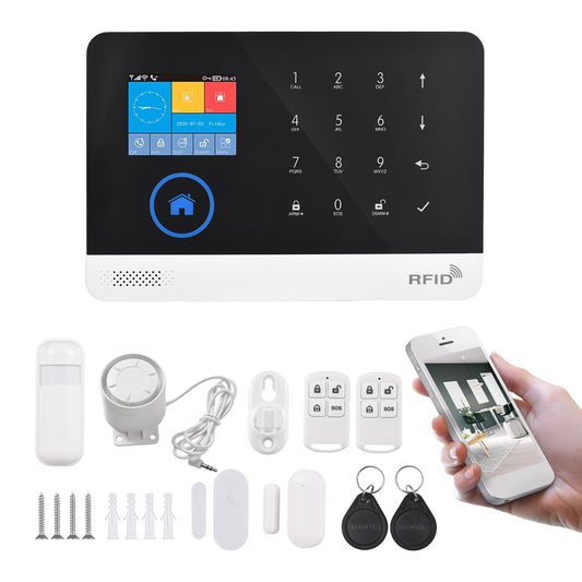 Feiniao Sistema de Alarma para Casa WiFi gsm Pantalla TFT de 2.4 Pulgadas, Kit de Sistema de Seguridad Hogar, Alarma Antirrobo Inalámbrico con Sensores de Puertas y Ventanas Sensor de Movimiento PIR