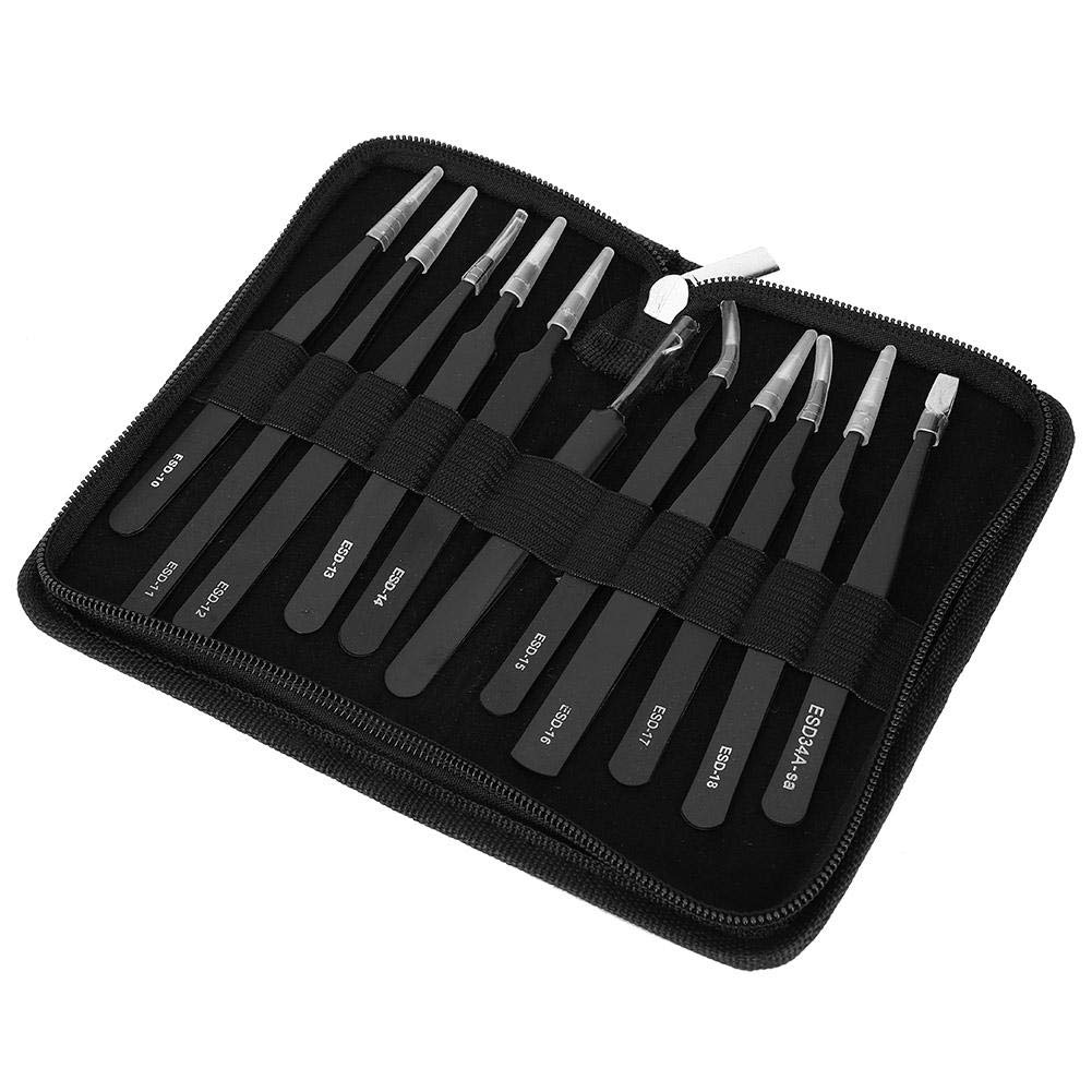Garosa 11 piezas Juego de pinzas de precisión kit de pinzas antiestáticas ESD de acero inoxidable con bolsa portátil Kit de Herramientas de reparación para Reparación Electrónica(#1)