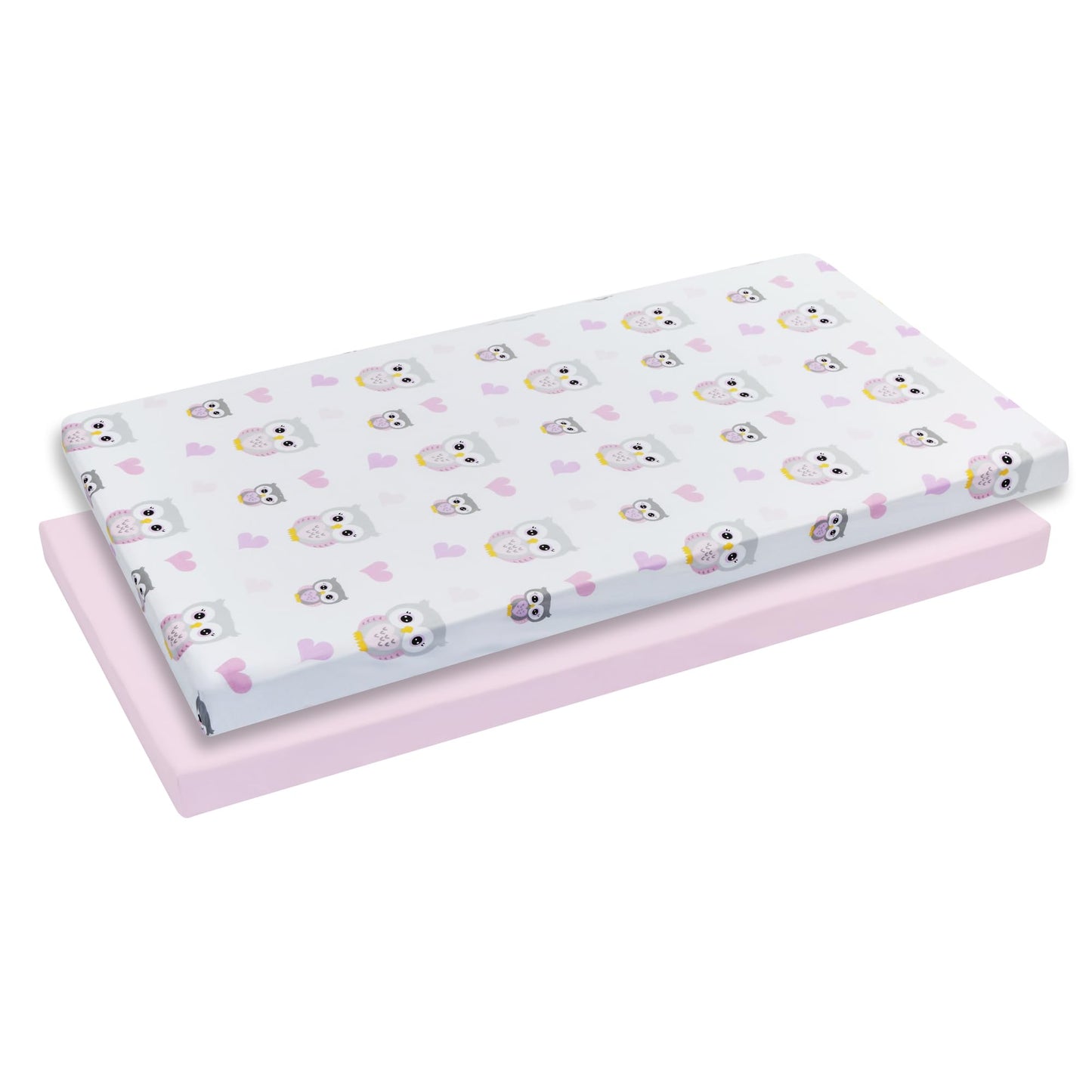 EVERYDAY KIDS - Juego de 2 sábanas para cuna de bebé, juego ajustado para bebé niña; tejido de percal 100% algodón, funda de colchón transpirable y suave, búhos grises/corazones rosados y diseños de