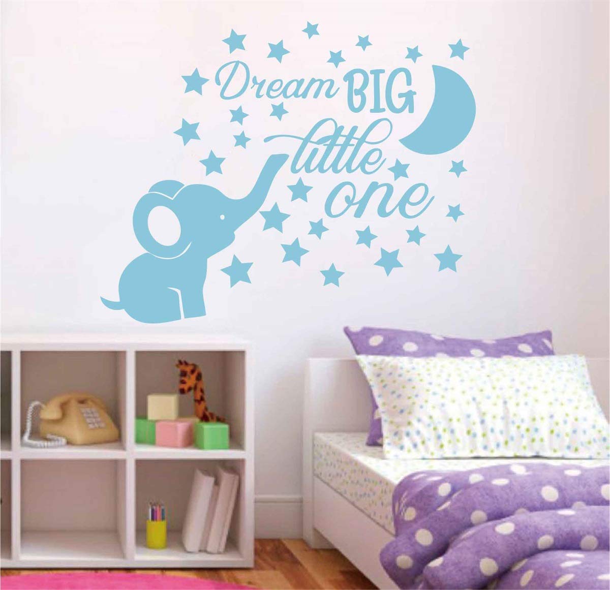 Dream Big Little One - Pegatinas decorativas para pared, diseño de elefante y luna con estrellas, color azul