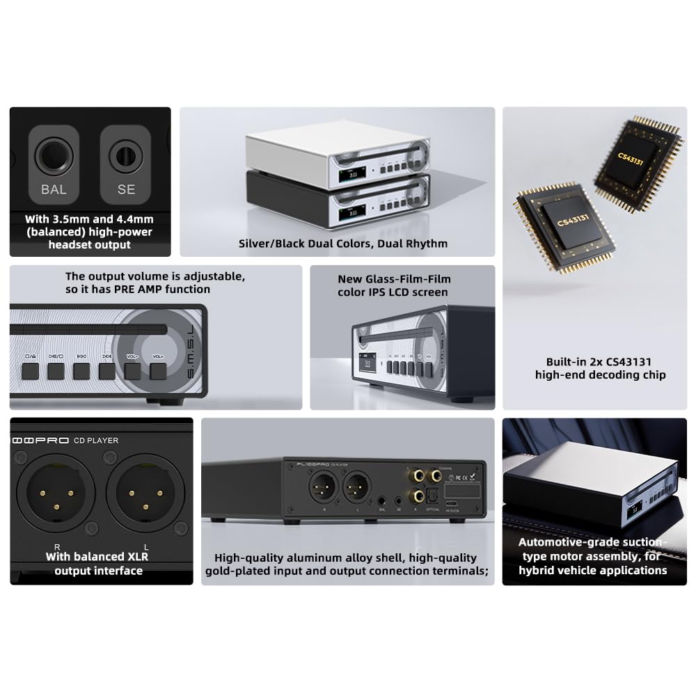 SMSL PL100PRO Reproductor de CD, RCA/óptico/coaxial/XLR equilibrado/salida de auriculares de 3,5 + 4,4 mm, 200 mW 32 Ω, 2 chips DAC de gama alta CS43131, compatible con discos CD-R/CD-RW/MP3