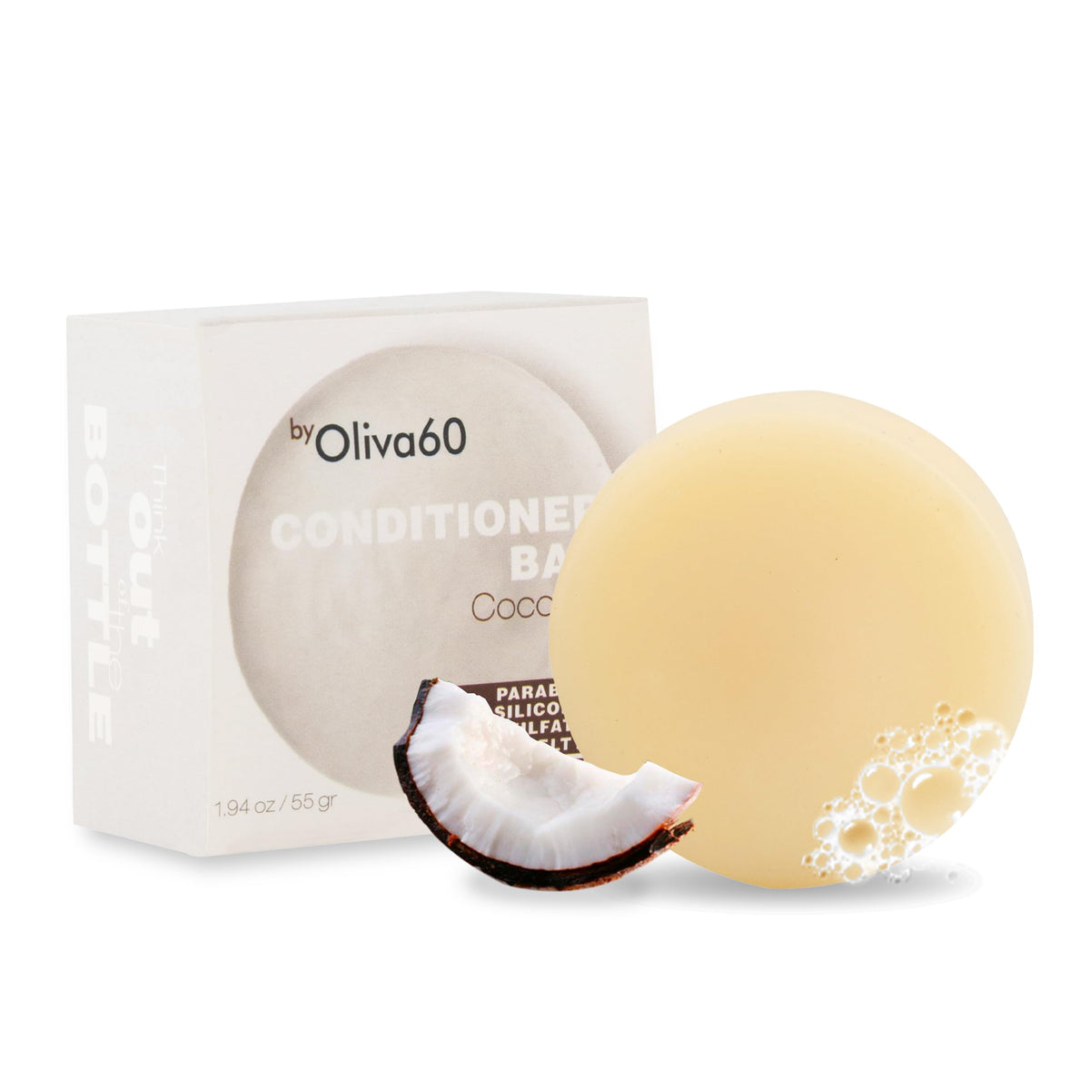 Acondicionador en barra de oliva. Oliva60. Extra hidratante. Desenreda y repara. Con aceite de argán orgánico, macadamia, manteca de karité. Provitamina B5. Libre de sulfatos, parabenos, siliconas. 55gr. (Crema de coco)
