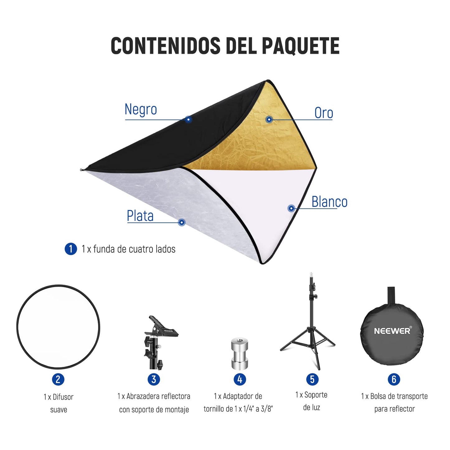 NEEWER Kit de Reflector de Luz de 43"/110cm, Reflector Redondo Plegable 5 en 1 (Translúcido/Plateado/Dorado/Blanco/Negro), Abrazadera de Metal y Soporte Corto de 21"-43"/53-110cm para Fotografía
