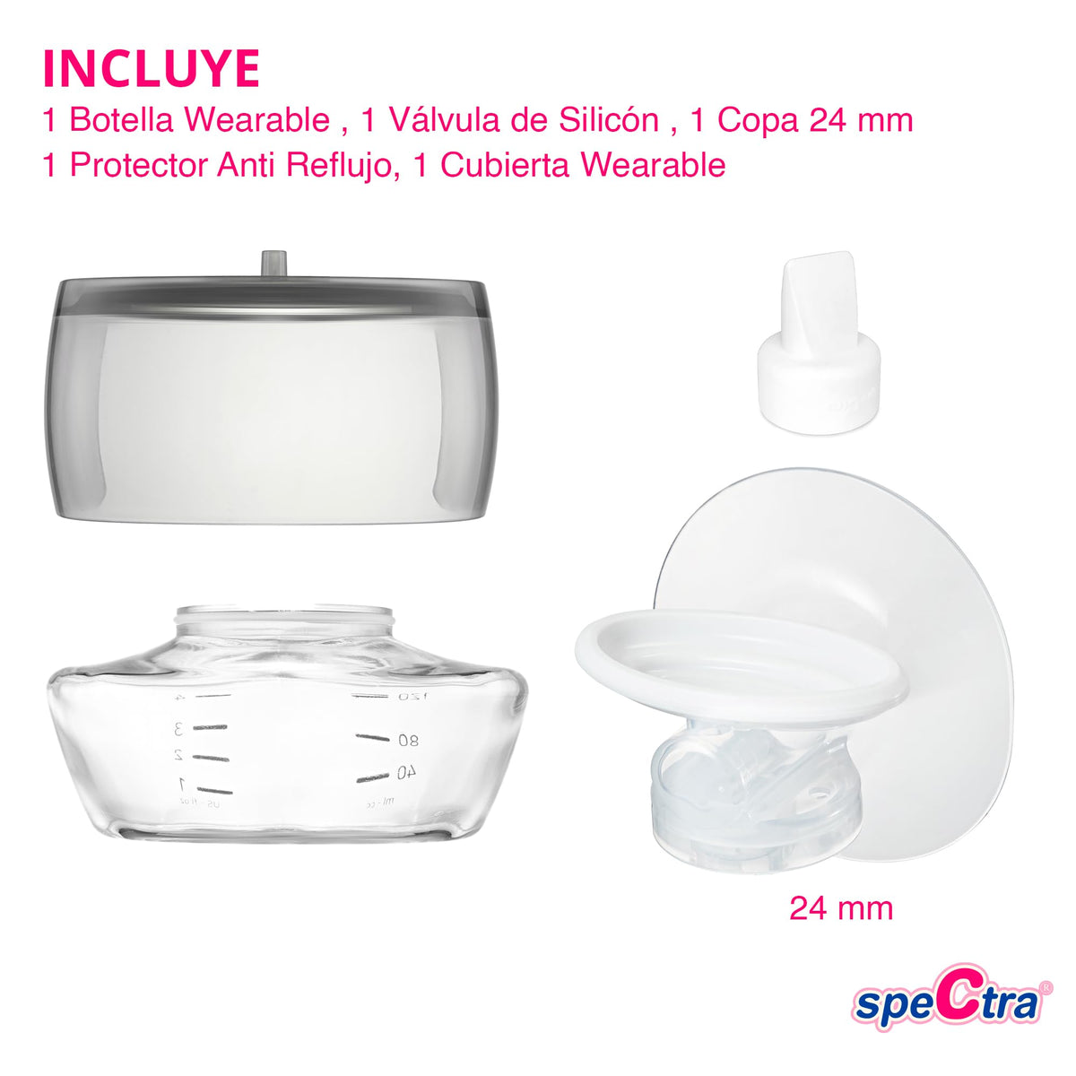 Spectra Set de Accesorios para Extractor de Leche Eléctrico Wearable Manos Libres | Incluye Copa 24 mm, Protector Anti Reflujo, Válvula, Botella, Cubierta | Accesorios y Repuestos | Original