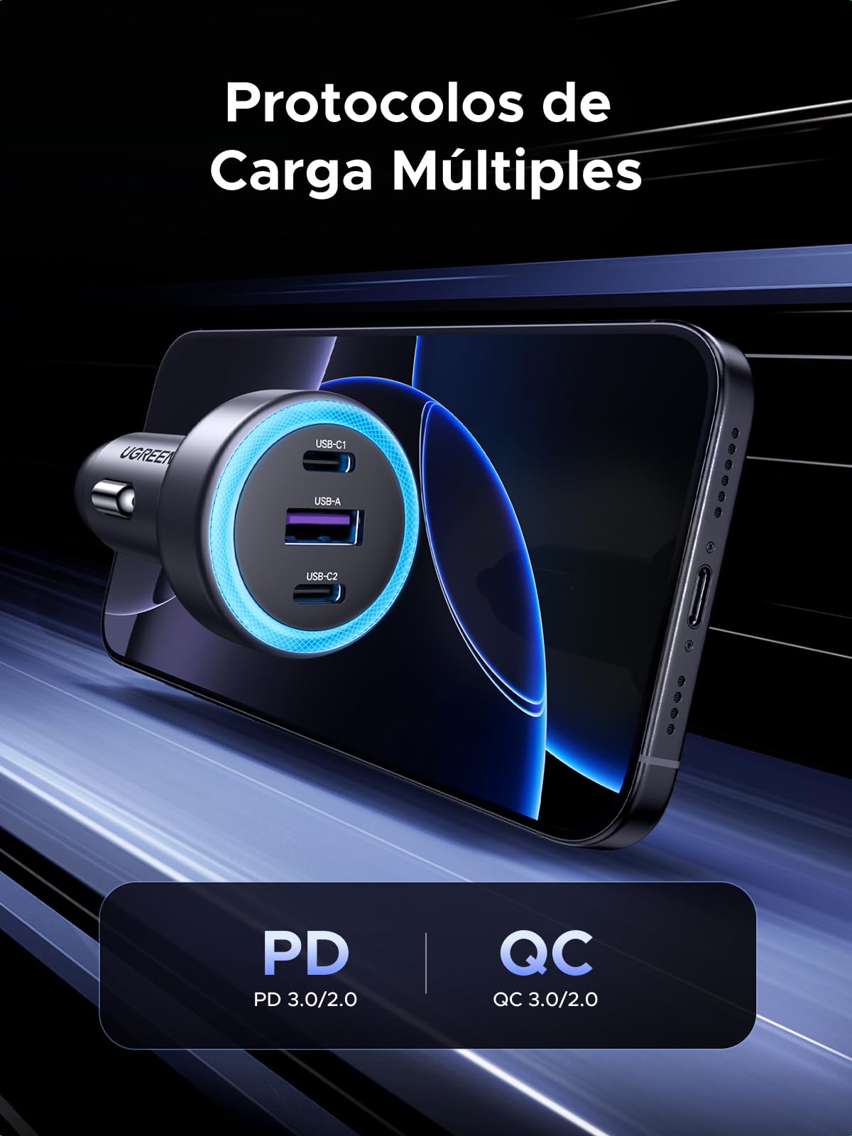 UGREEN 30W USB C Cargador Auto Carga Rápida, 3 Puertos 2 USB C Adaptador Auto Tipo C A, QC/PD 3.0 Cargador para Coche Compatible con iPhone 16 15 Pro Max, Pixel 9 8 7, Galaxy S25 S24 S23, iPad Pro Air