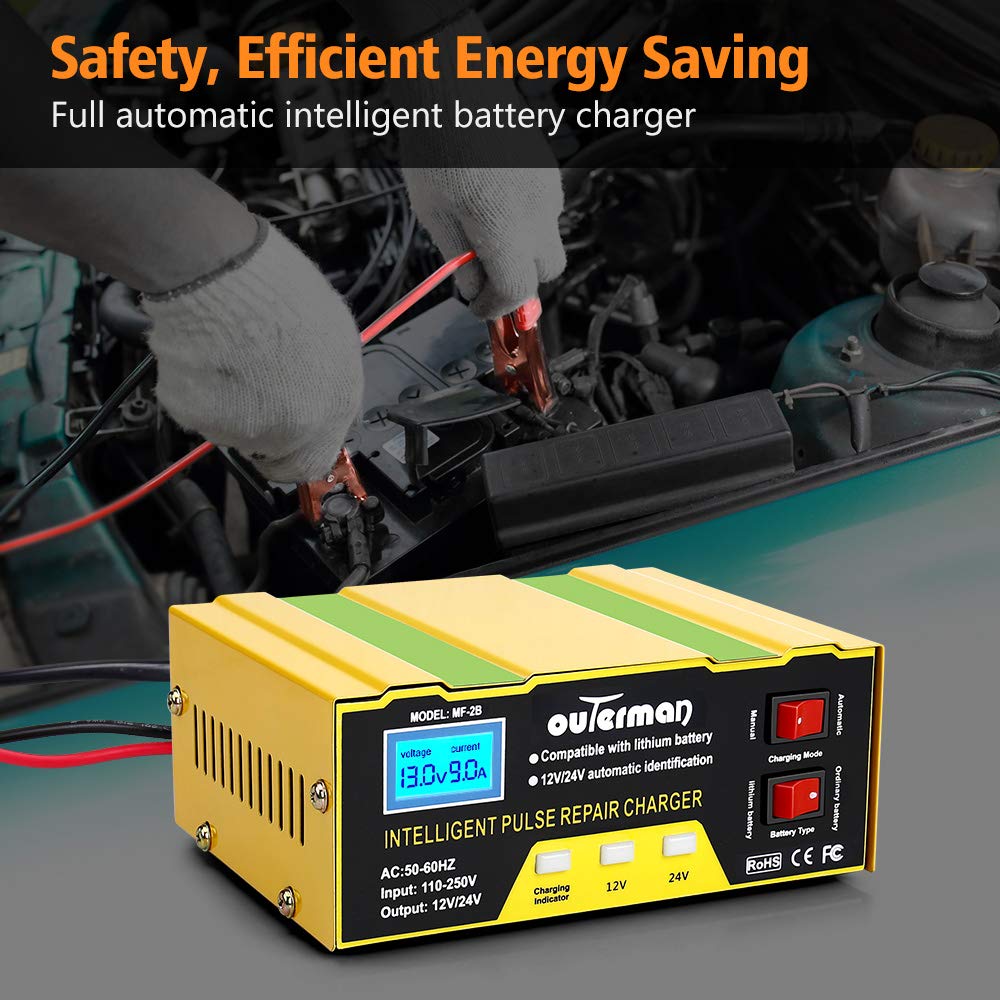 Outerman - Cargador de batería de coche de 12 V - 24 V, cargador de batería automático para coche, barco, motocicleta, podadora, batería de plomo ácido o batería de litio. Capacidad: 6AH~105AH