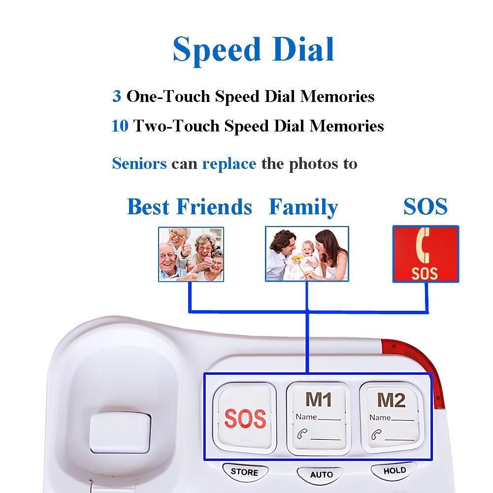 Teléfono con botón grande para personas mayores con cable para teléfono fijo para personas mayores con asistencia de cuidado de imágenes para personas mayores amplificado para pared de ayuda auditiva