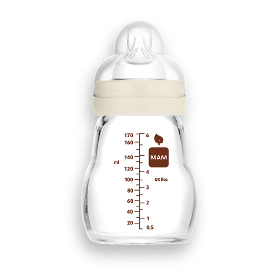 MAM Feel Good - Botella de vidrio de alta calidad de flujo lento, fácil de cambiar entre pecho y botella, 5 onzas, 0+ meses, unisex, 1 paquete
