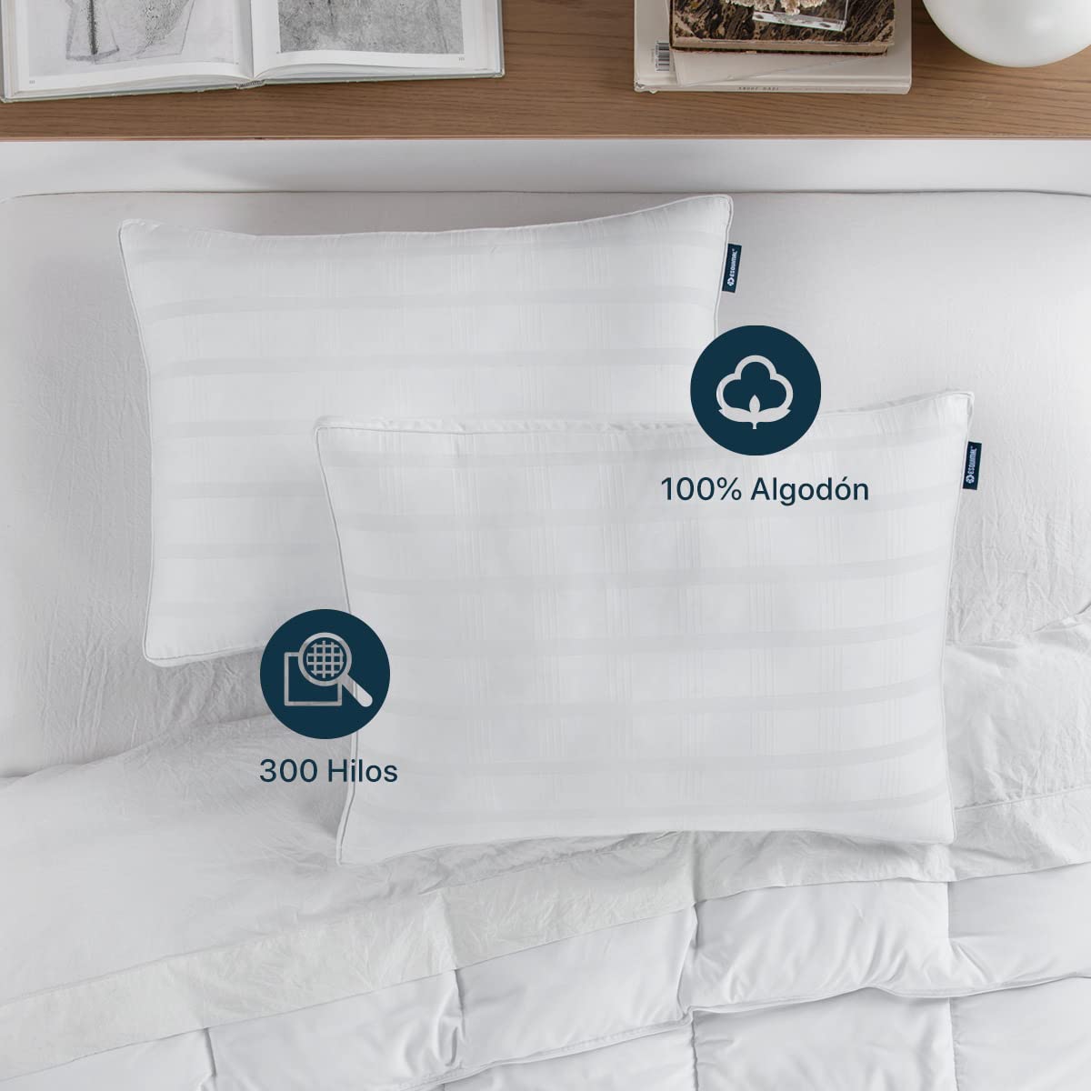 Almohadas ESQUIMAL Blanco 100% Algodón con Relleno Tipo Down Alternative Hipoalergénicas Paquete de 2