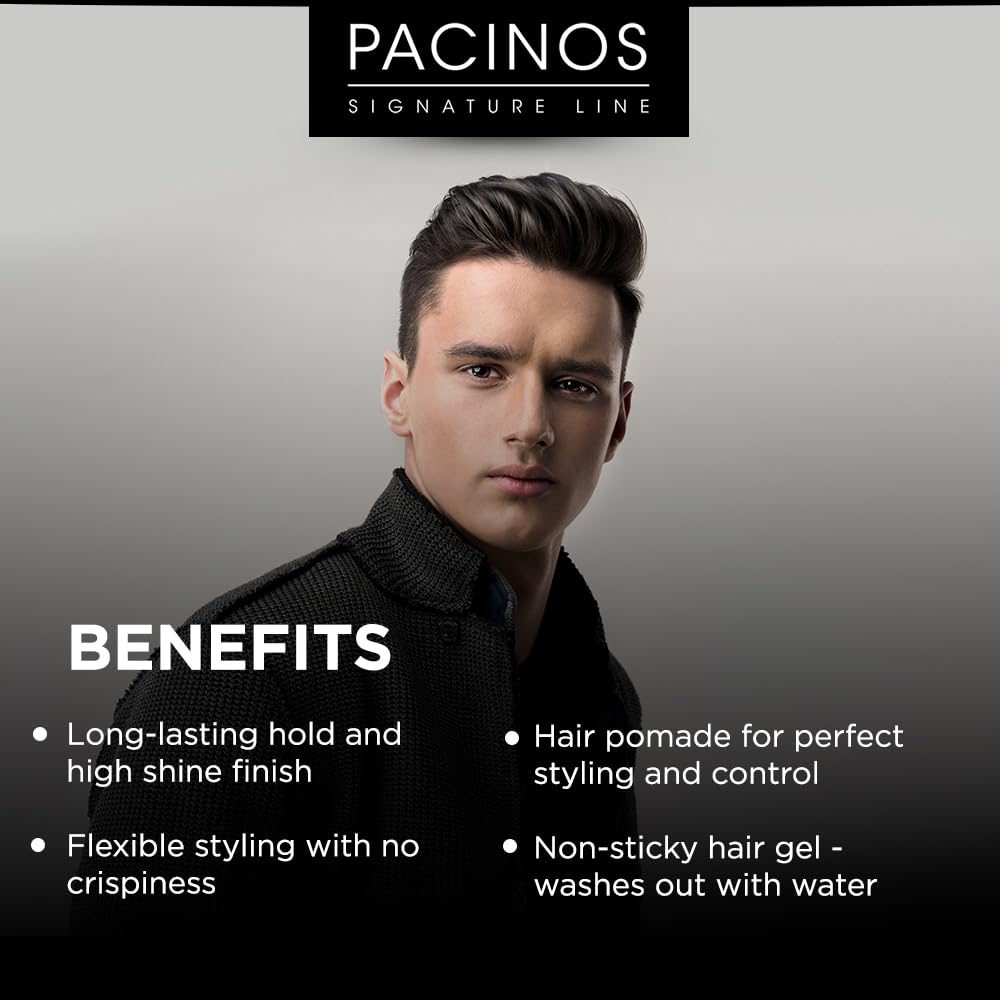 Pacinos SLEEK High Shine Flexible Pomade for Men - Long-Lasting Styling for Medium to Longer Hair - Wet Look with All-Day Hold - 4 oz