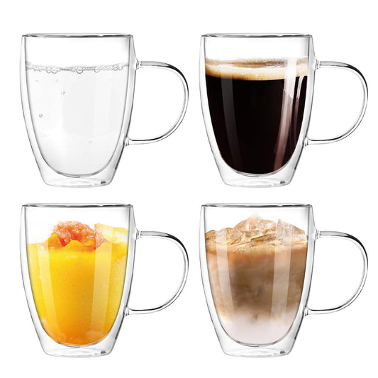 LINGLUCKY Tazas de Café de Cristal de Doble pared con Asa, 4 piezas Vasos de Café Espresso de Vidrio de Café Aislado, Tazas de Café con Leche para Cappucchino Espresso Té Café