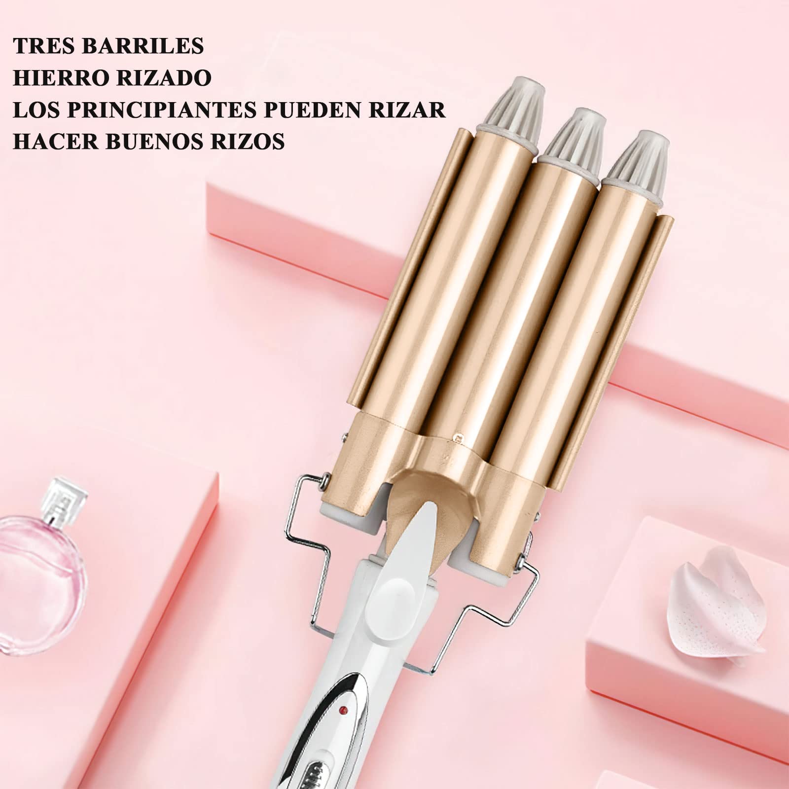 Rizador de Pelo,25mm Rizador De Cabello Ondas Cerámica 3 Barriles,Rizador para Cabello,Ondas Cerámica con Temperatura Ajustable, Calienta Rápidamente para Mujer en Casa y Viaje, Cabello Largo o Corto Herramientas de Peinado,Oro