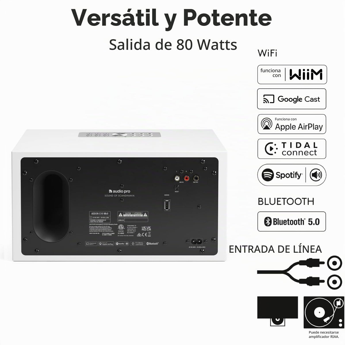 Altavoz Inalámbrico Audio Pro Blanco Multiroom Bluetooth Wi-Fi Sonido Potente Compatible con AirPlay 2 Spotify Tidal App WiiM