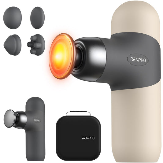 RENPHO Mini Pistola de Masaje con Calor, Pistola de Masaje Muscular de Percusión Portátil, Pequeño Masajeador de Mano de Viaje con Estuche de Transporte, Regalos para Hombres y Mujeres, Mini Thermal