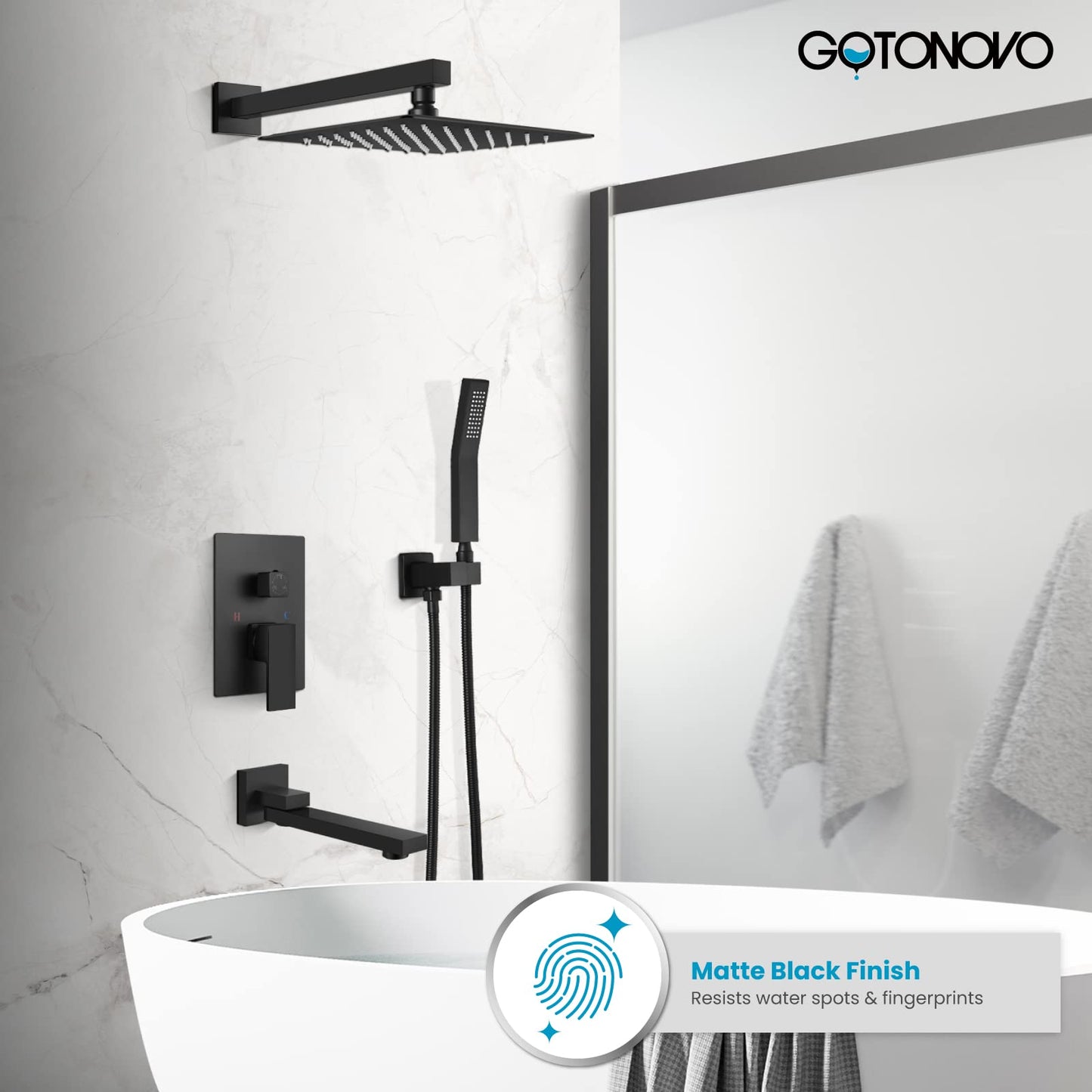 gotonovo Grifo de ducha negro mate para montaje en pared, sistema de ducha de baño de triple función, con boquilla de bañera cuadrada de alta presión, cabezal de ducha de lluvia de 12 pulgadas, válvula rugosa y moldura incluidos