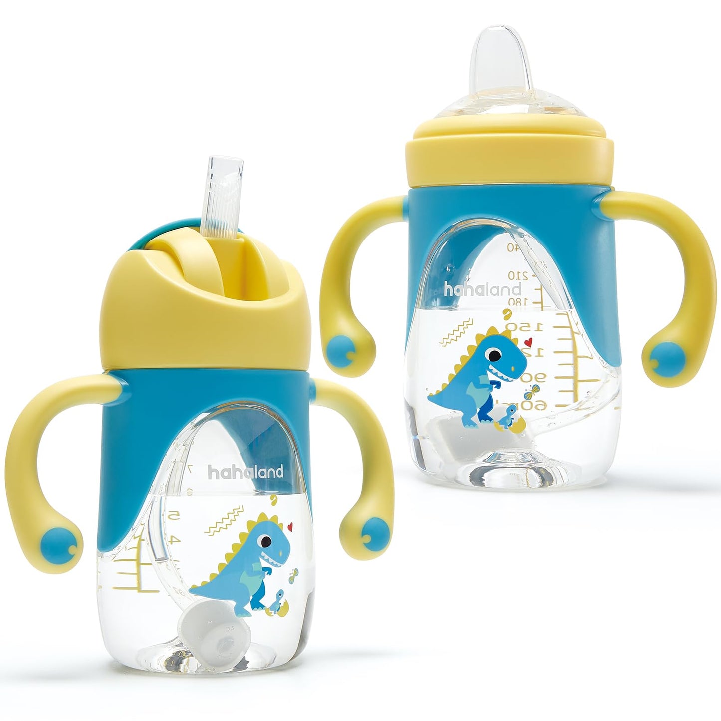 hahaland - Taza para sorbos de 6 meses de edad, 2 en 1 con boquilla y pajita para niños pequeños de 1 a 3 años de edad, sin derrames de transición con pajita ponderada, 1 taza con 2 pezones