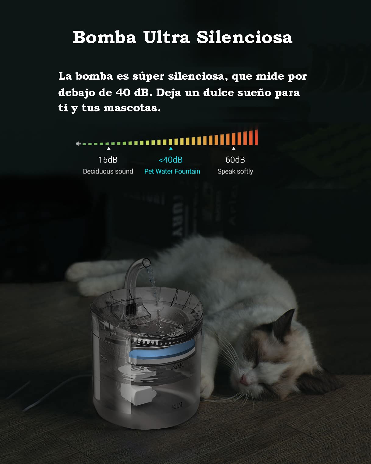 Fuente de Agua para Gatos, 1,8 L Bebedero para Gato, Actualizada con 2 Filtros de Repuesto, Alfombrilla de Silicona para Alimentos, Adecuado para Gatos, Perros y Varias Mascotas.