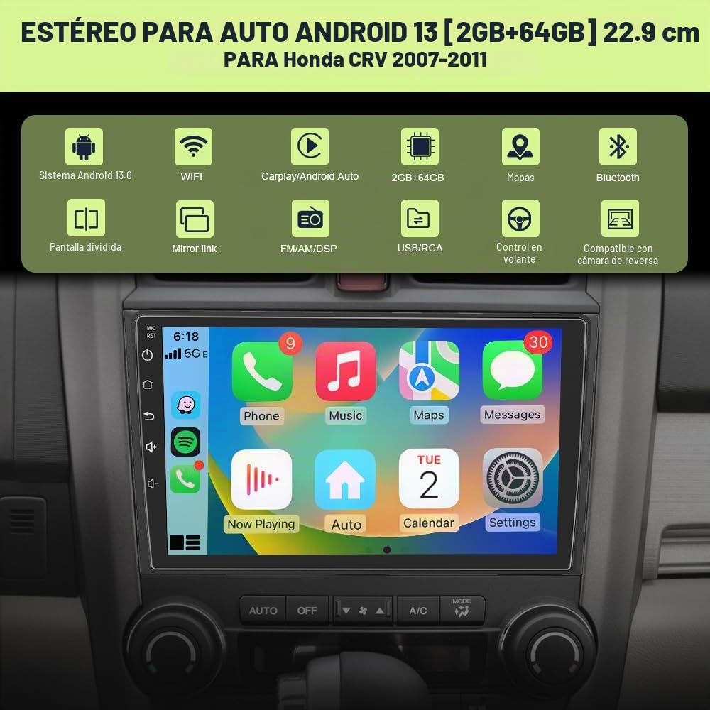 Estéreo para Coche Pyniro Negro con Pantalla 9" y CarPlay para Honda CRV 2007-2011 Android 13