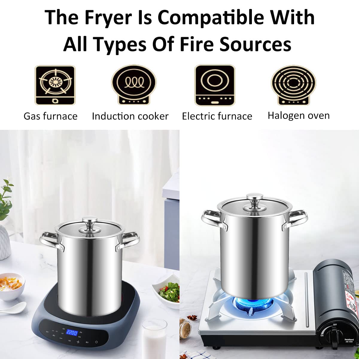Freidora profunda de acero inoxidable 304 con cesta de colador de aceite y termómetro, olla de 168 onzas para freír tempura, papas fritas, pescado y pollo