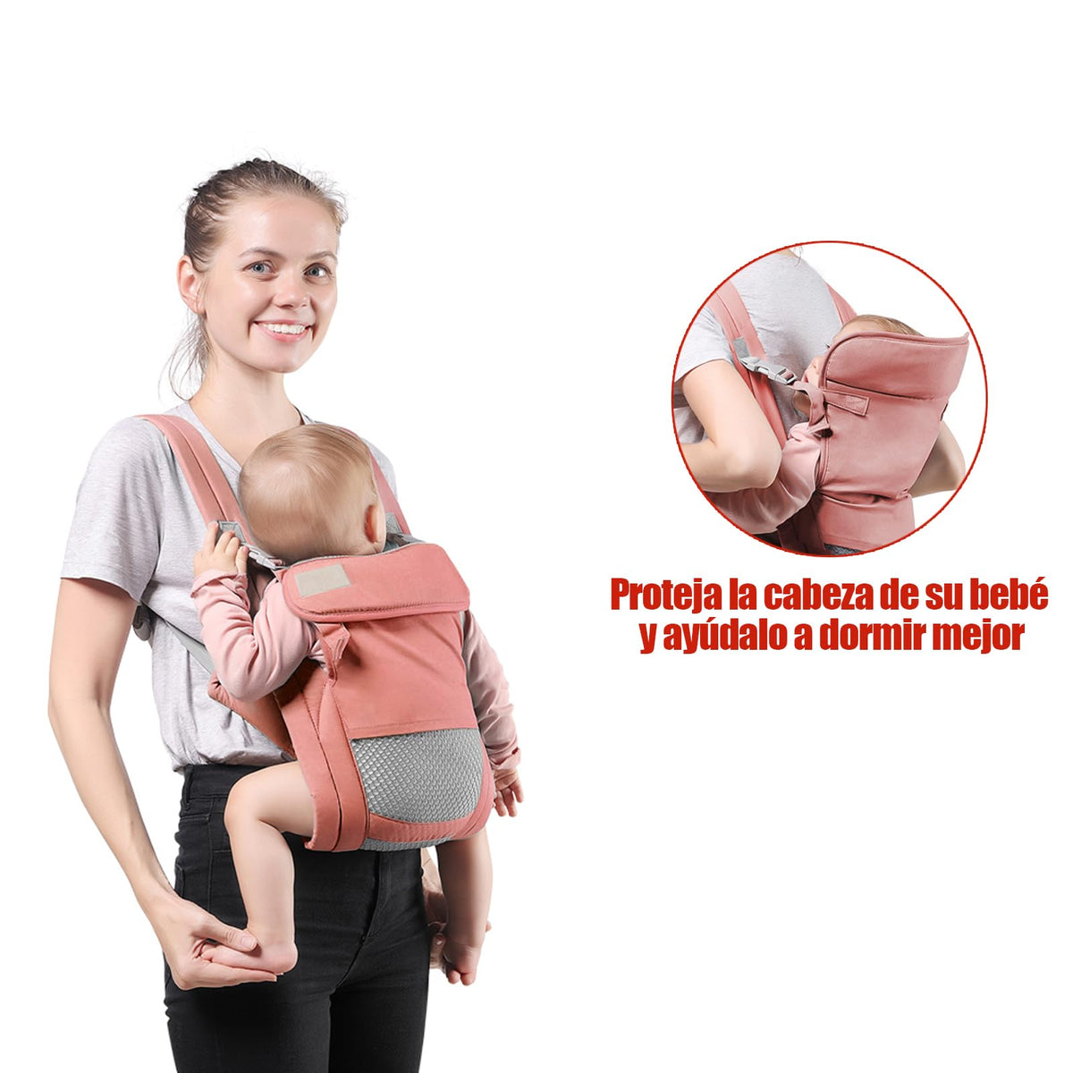 Cangurera para Bebe, Fular Ergonómico para Bebés de 0 a 36 Meses(Hasta 20 kg), Mochila Portabebés, Proteger la Cabeza, Portabebés de Algodón Ligero y Transpirable Ajustable (Rosa)