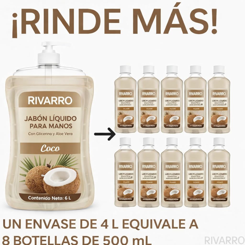 RIVARRO | Jabón Líquido Para Manos con Glicerina y Aloe Vera, Aroma, 4 Litros, Fórmula Suave y Efectiva, Elimina 99% de Bacterias, Para Cocina, Oficina y Baño (Coco)