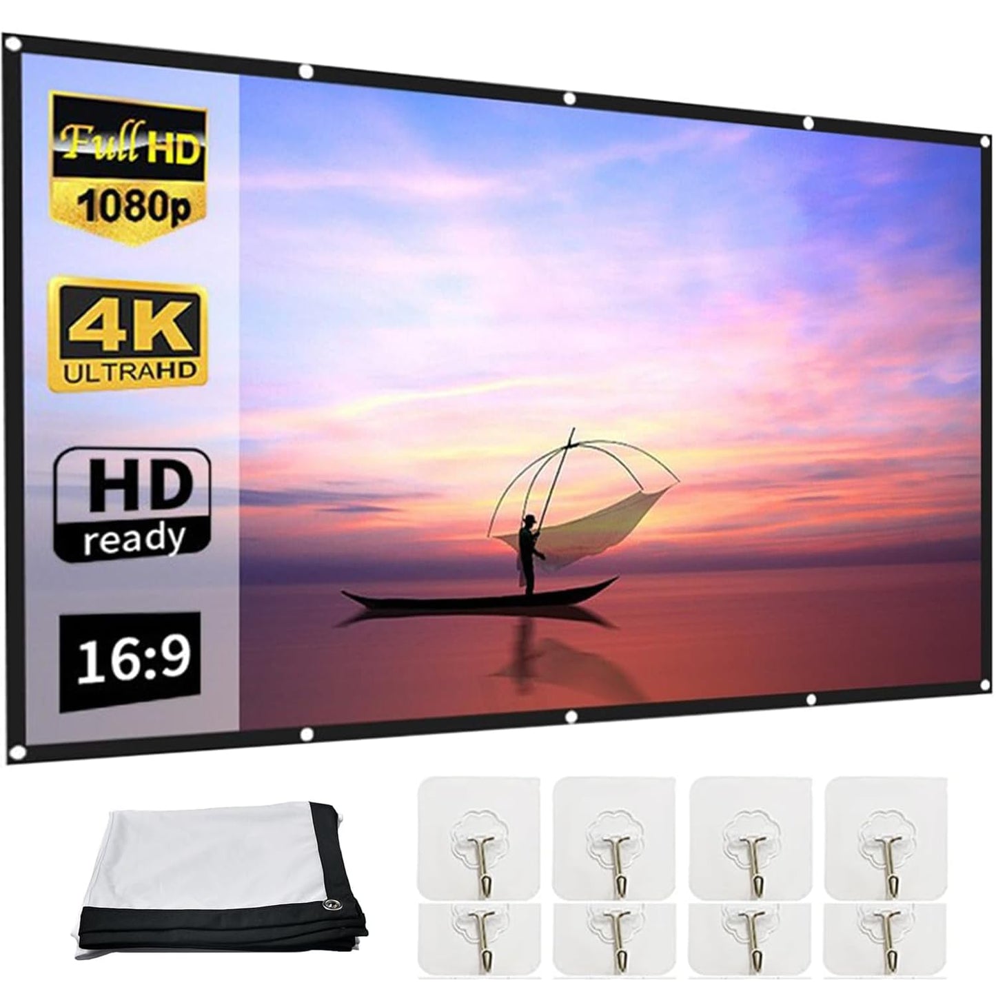 Genérico 100 Pulgadas Visualización de Proyección, Pantalla para Proyector, 16:9, Antiarrugas, HD 4K Lona para Proyector, Plegable, Portátil, para Fiesta, Cine En Casa y Camping