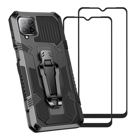Funda QWYJ Samsung Galaxy A12 5G Negro Armadura Doble Capa con Soporte Integrado y Clip de Cinturón Más Protector de Pantalla de Vidrio Templado