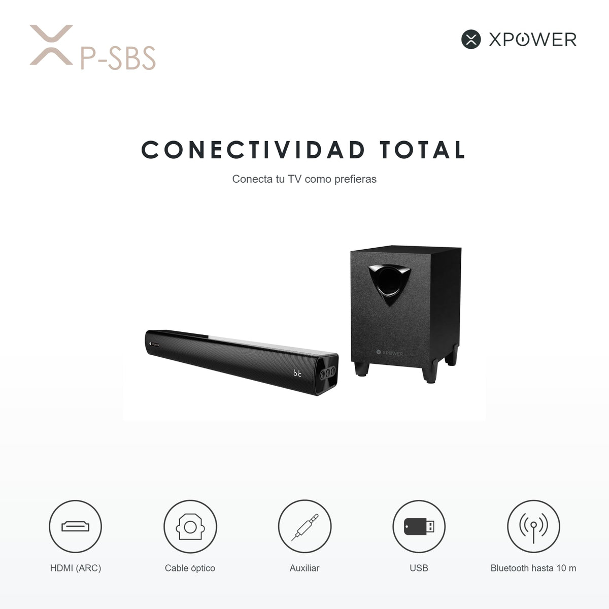 Barra de Sonido XP WER Negro con HDMI, Óptico y Auxiliar, 40W Estéreo Montaje en Mesa