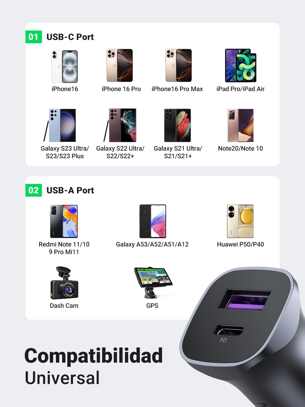 UGREEN 30W Cargador de Coche con Cable USB C a C 1M, 24W Adaptador de Vehículo Tipo C y A Compatible con iPhone 16/15/14/13/12 Pro MAX/SE, iPad Pro, Galaxy S25/S24/S23/S22/S21/S20 Ultra/Note