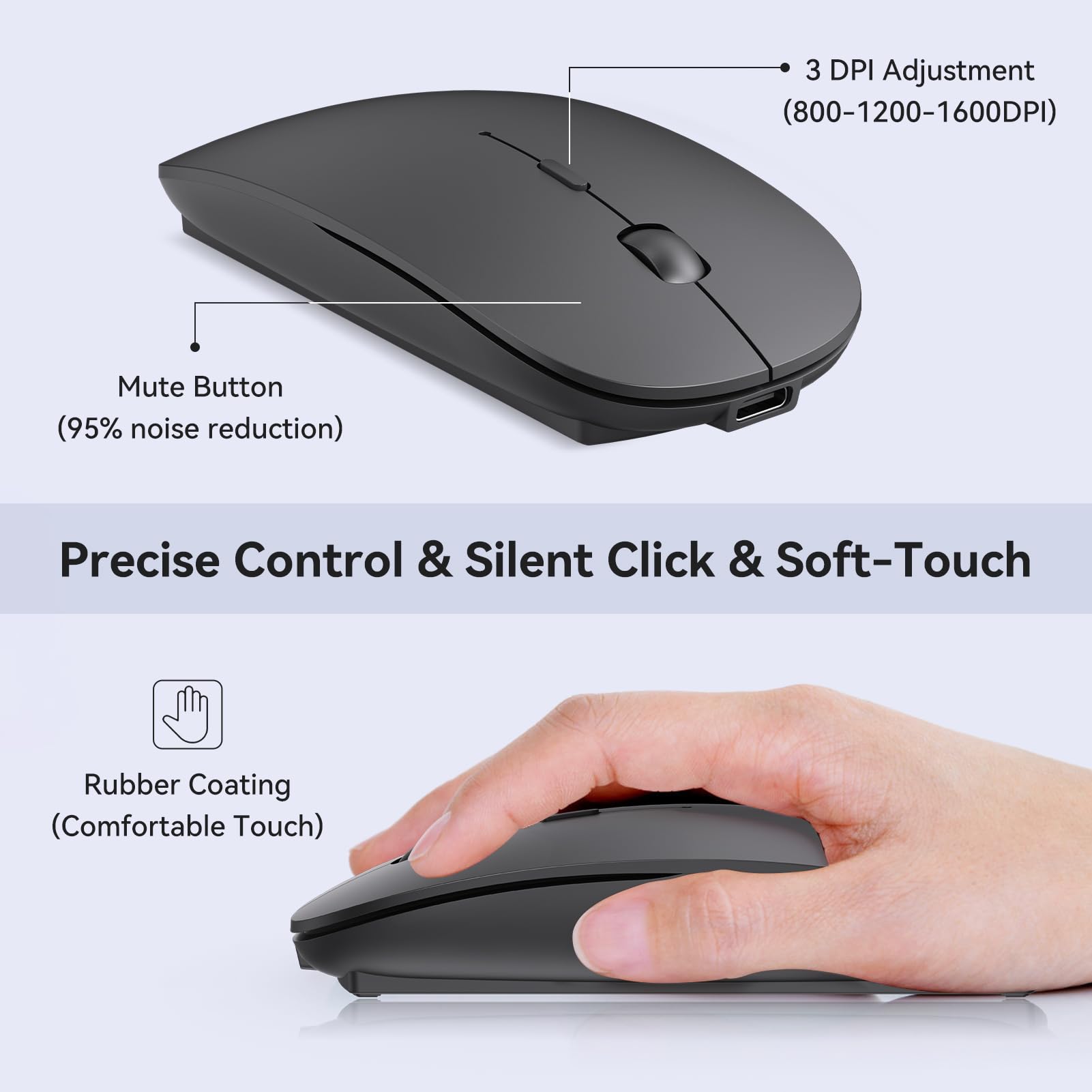 cimetech Ratón inalámbrico Receptor USB A y Tipo C, Clic silencioso, Recargable Tipo C, Revestimiento de Goma Suave al Tacto, ratón de Viaje Delgado para Ordenador portátil MacBook Air/Pro -Negro