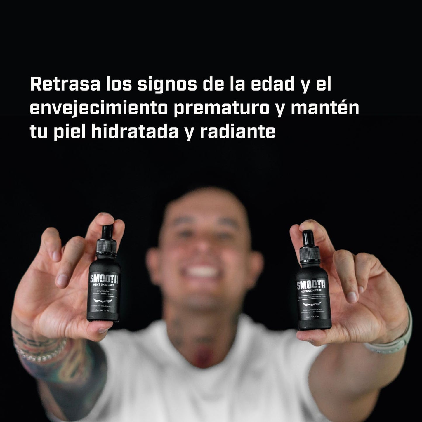 SMOOTH Kit Dúo Radiante para hombres | Tónico facial de hialuronato de sodio y Sérum Facial de Vitamina C | Hidrata, Tonifica y Desinflama, Antioxidante, Hidratante, Reduce líneas de Expresión y Disminuye Arrugas | 2 frascos de 30 ml | Uso Día y Noche