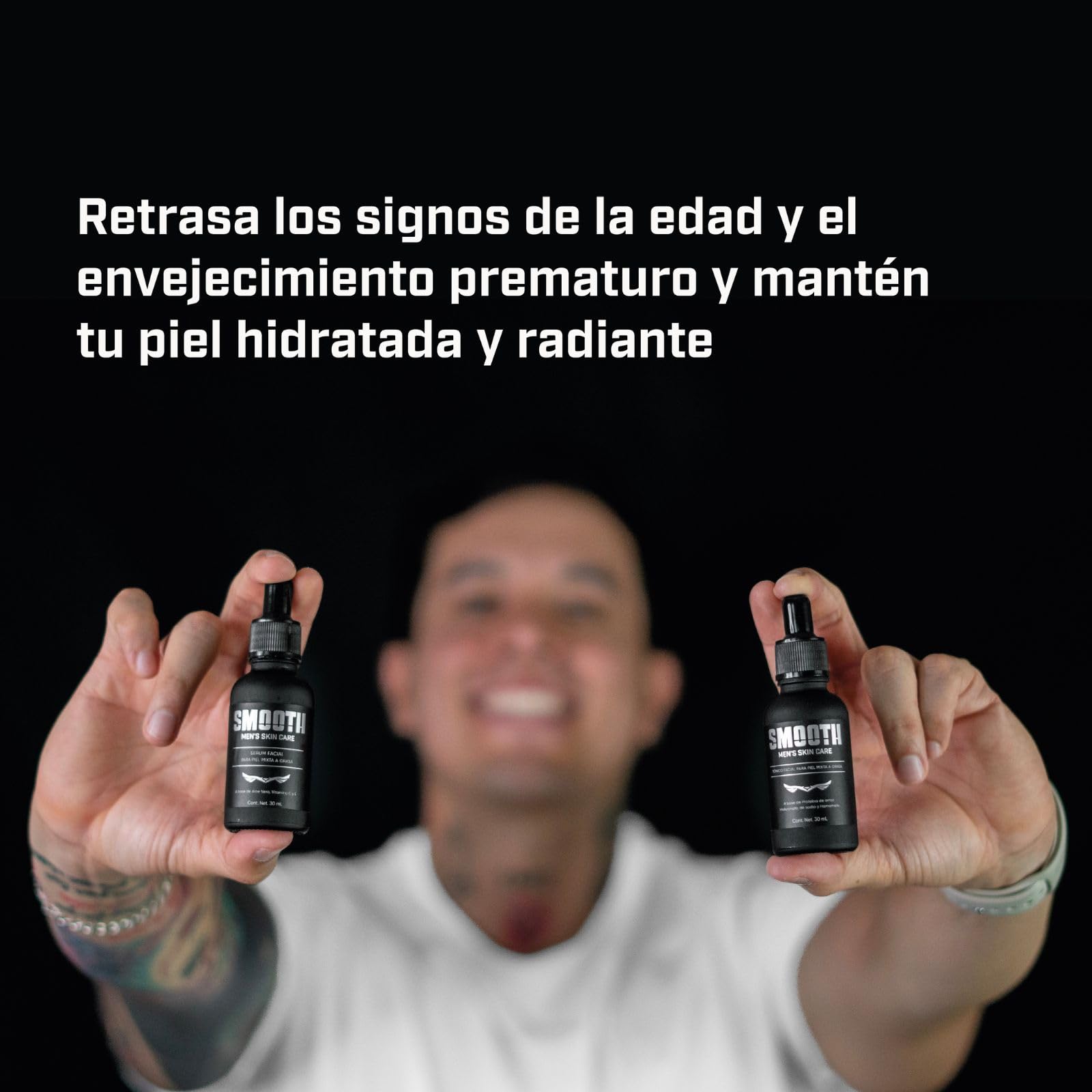 SMOOTH Kit Dúo Radiante para hombres | Tónico facial de hialuronato de sodio y Sérum Facial de Vitamina C | Hidrata, Tonifica y Desinflama, Antioxidante, Hidratante, Reduce líneas de Expresión y Disminuye Arrugas | 2 frascos de 30 ml | Uso Día y Noche