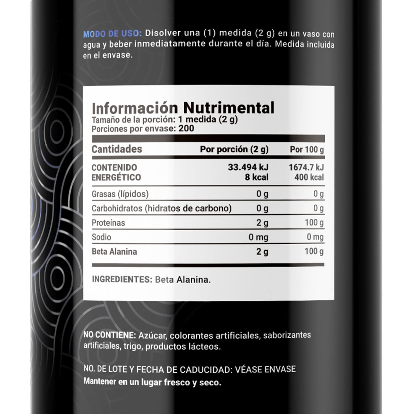 Beta Alanina en polvo 200 Servicios. Ingredientes naturales. Beta Alanine 400 Gramos B Life.