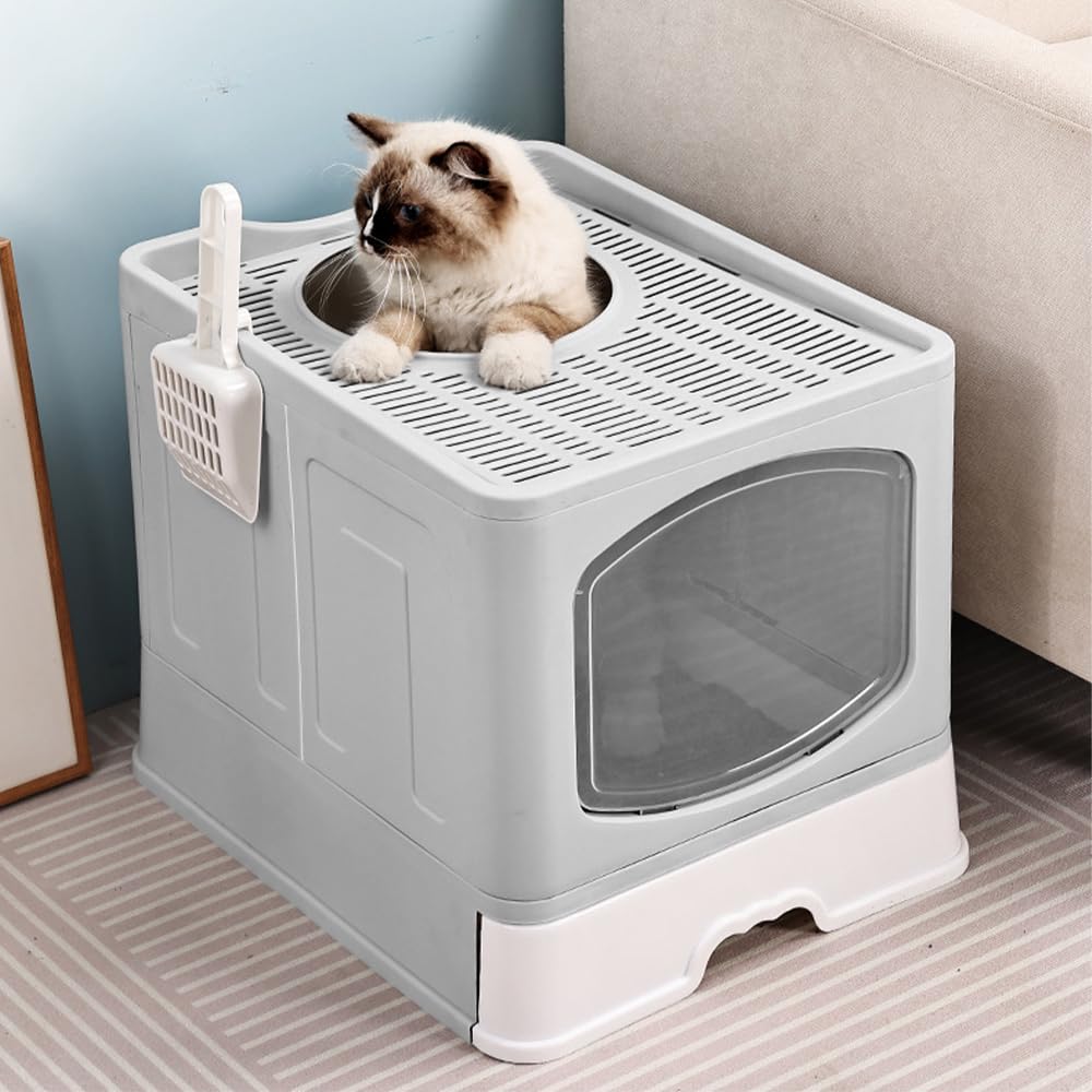 Jiula Caja de Arena para Gatos Plegable Cerrada, Caja de Arena con Cajón y Cuchara, Fácil de Limpiar, Adecuada para Viajar con Mascotas, Puerta Lateral Móvil Dos Direcciones, Gris, 41 * 51 * 44 CM