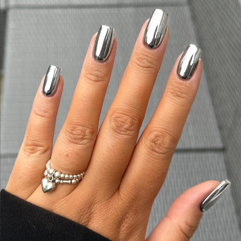 SXVME Uñas Postizas De Metal Plateado Con Efecto Espejo, Medianas, Cortas, Cuadradas, Cromadas Y Esmaltadas, De Gel, Brillantes, Acrílicas, Reutilizables, Gruesas, Para Mujer, Con Pegamento, De Longit